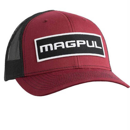 Magpul Wordmark Patch Trucker Hat in cardinal red and black